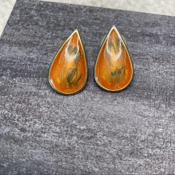 Vintage Oval Tri-Color Teardrop Earrings Orange - Picture 1 of 3